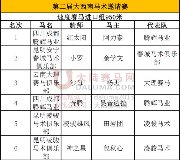 第二届大西南马术邀请赛速度赛马纯血组成绩